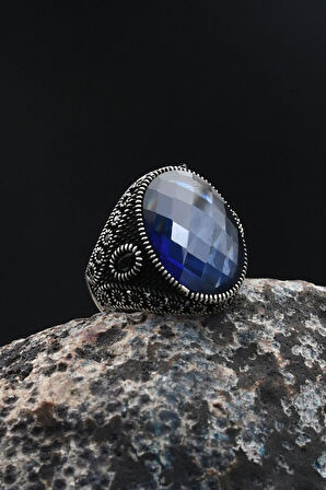 Erkek Yüzüğü Lacivert Zirkon Taşlı Zirkon Taş Süslemeli 925 Ayar Gümüş 901765