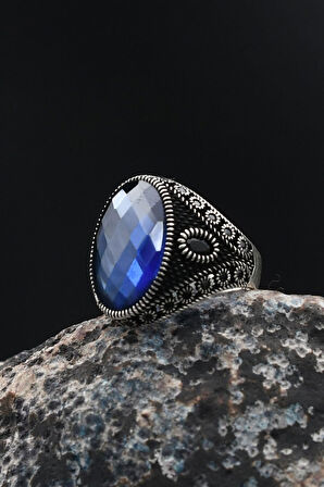 Erkek Yüzüğü Lacivert Zirkon Taşlı Zirkon Taş Süslemeli 925 Ayar Gümüş 901765