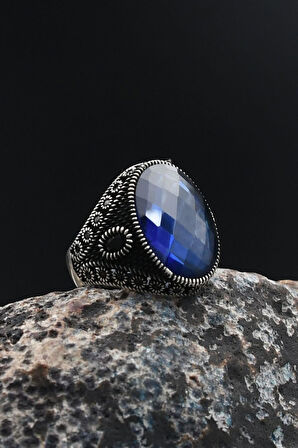 Erkek Yüzüğü Lacivert Zirkon Taşlı Zirkon Taş Süslemeli 925 Ayar Gümüş 901765