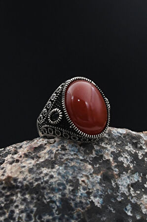 Kırmızı Akik Taşlı Mikro Taş Süslemeli 925 Ayar Gümüş Erkek Yüzüğü 901766