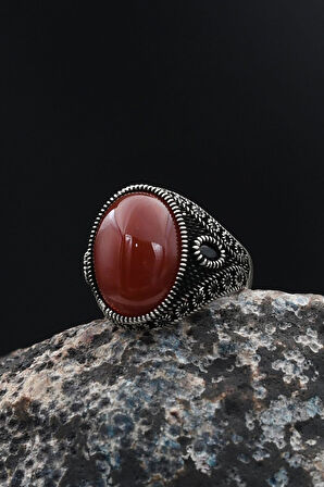 Kırmızı Akik Taşlı Mikro Taş Süslemeli 925 Ayar Gümüş Erkek Yüzüğü 901766