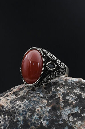 Kırmızı Akik Taşlı Mikro Taş Süslemeli 925 Ayar Gümüş Erkek Yüzüğü 901766