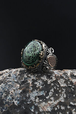 Özel Tasarım 925 Ayar Gümüş Erkek Yüzüğü Hz. Süleyman Mührü Sıkma Kehribar Taşlı 901778