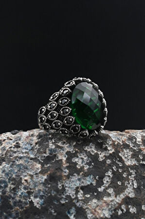 925 Ayar Gümüş Erkek Yüzüğü Yeşil Zirkon Taşlı Zirkon Taş Süslemeli 901784