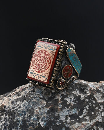 Özel Tasarım Mineli Kelime-i Tevhid ve Allah ve Muhammed Yazılı Gümüş Erkek Yüzük 901788