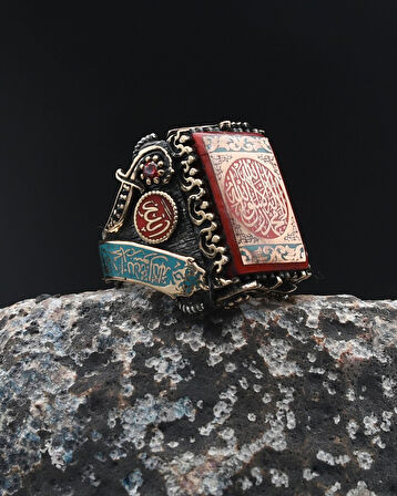 Özel Tasarım Mineli Kelime-i Tevhid ve Allah ve Muhammed Yazılı Gümüş Erkek Yüzük 901788