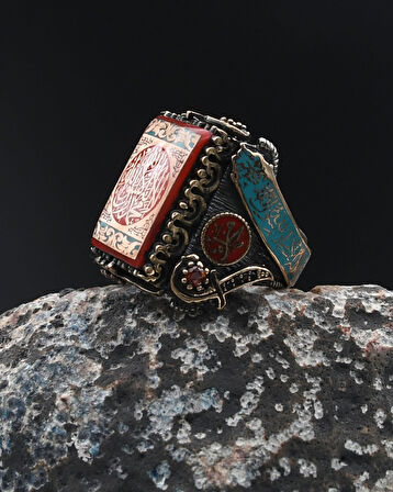 Özel Tasarım Mineli Kelime-i Tevhid ve Allah ve Muhammed Yazılı Gümüş Erkek Yüzük 901788