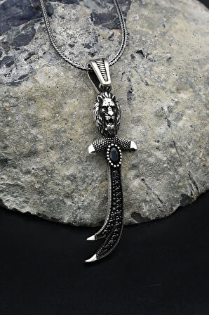 Hz. Ali Zülfikar Kılıcı ve Aslan Figürlü Kolye Zincir 925 Ayar Gümüş 901791