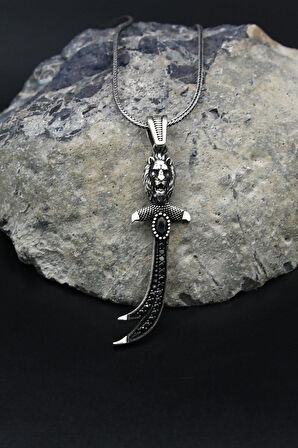 Hz. Ali Zülfikar Kılıcı ve Aslan Figürlü Kolye Zincir 925 Ayar Gümüş 901791