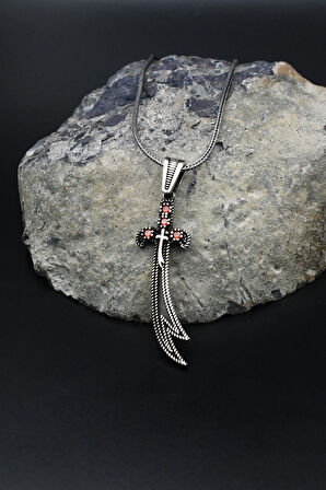 Hz. Ali Zülfikar Kılıcı Kırmızı Zirkon Taş Süslemeli 925 Ayar Gümüş Kolye Zincir 901795