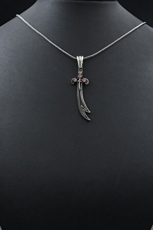 Hz. Ali Zülfikar Kılıcı Kırmızı Zirkon Taş Süslemeli 925 Ayar Gümüş Kolye Zincir 901795