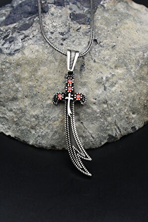 Hz. Ali Zülfikar Kılıcı Kırmızı Zirkon Taş Süslemeli 925 Ayar Gümüş Kolye Zincir 901795