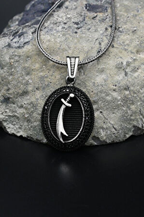 Siyah MikroTaş Süslemeli Hz. Ali Zülfikar Kılıcı 925 Ayar Gümüş Kolye Zincir 901805