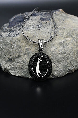 Siyah MikroTaş Süslemeli Hz. Ali Zülfikar Kılıcı 925 Ayar Gümüş Kolye Zincir 901805