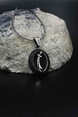 Siyah MikroTaş Süslemeli Hz. Ali Zülfikar Kılıcı 925 Ayar Gümüş Kolye Zincir 901805