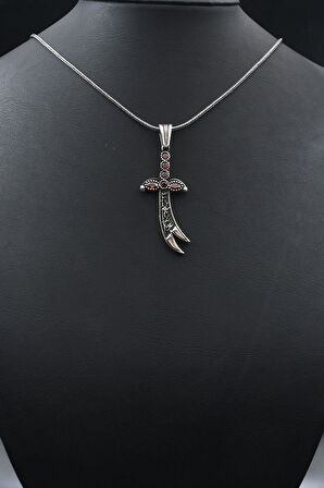 Kırmızı Zirkon Taş Süslemeli Hz. Ali Zülfikar Kılıcı 925 Ayar Gümüş Kolye Zincir 901807