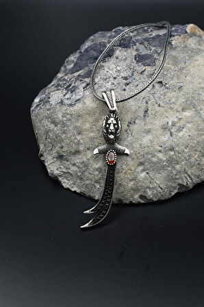 Hz. Ali Zülfikar Kılıcı ve Aslan Figürlü Kırmızı Zirkon Taşlı Kolye Zincir 925 Ayar Gümüş 901808