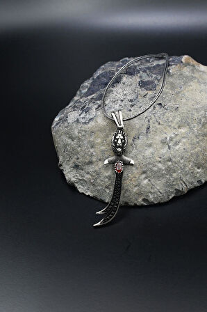 Hz. Ali Zülfikar Kılıcı ve Aslan Figürlü Kırmızı Zirkon Taşlı Kolye Zincir 925 Ayar Gümüş 901808