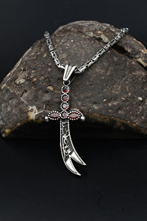 Kırmızı Zirkon Taş Süslemeli Hz. Ali Zülfikar Kılıcı Gümüş Kolye Kral Zincir 2Mm 901844