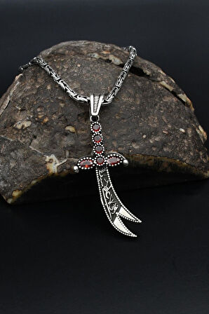 Kırmızı Zirkon Taş Süslemeli Hz. Ali Zülfikar Kılıcı Gümüş Kolye Kral Zincir 2Mm 901844