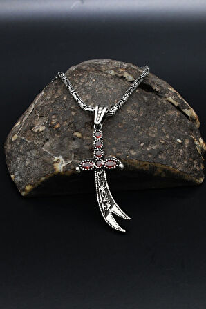 Kırmızı Zirkon Taş Süslemeli Hz. Ali Zülfikar Kılıcı Gümüş Kolye Kral Zincir 2Mm 901844