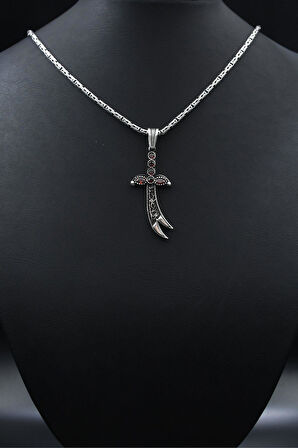 Kırmızı Zirkon Taş Süslemeli Hz. Ali Zülfikar Kılıcı Gümüş Kolye Kral Zincir 2Mm 901844