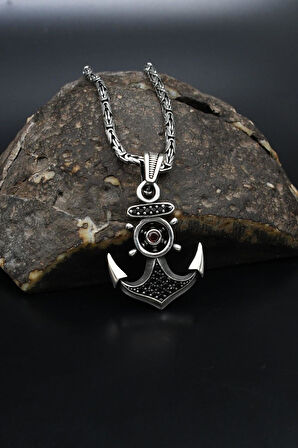 Çapa Dümen Mikro taş Süslemeli 925 Ayar Gümüş Kolye Kral Zincir 2Mm 901850