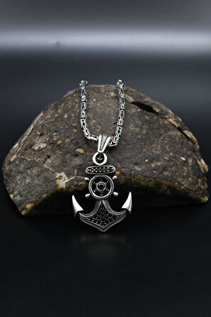 Çapa Dümen Mikro taş Süslemeli 925 Ayar Gümüş Kolye Kral Zincir 2Mm 901850