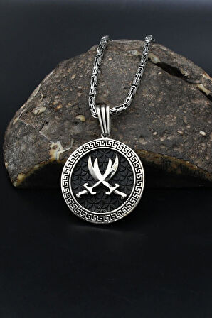 Grek Desenli Hz. Ali Zülfikar Kılıcı 925 Ayar Gümüş Kolye Kral Zincir 2Mm 901853