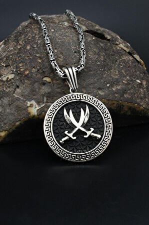 Grek Desenli Hz. Ali Zülfikar Kılıcı 925 Ayar Gümüş Kolye Kral Zincir 2Mm 901853