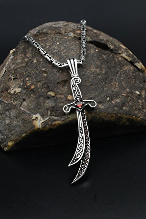 Kırmızı Zirkon Taşlı Hz. Ali Zülfikar Kılıcı 925 Ayar Gümüş Kolye Kral Zincir 2Mm 901854