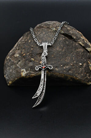 Kırmızı Zirkon Taşlı Hz. Ali Zülfikar Kılıcı 925 Ayar Gümüş Kolye Kral Zincir 2Mm 901854