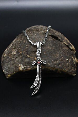 Kırmızı Zirkon Taşlı Hz. Ali Zülfikar Kılıcı 925 Ayar Gümüş Kolye Kral Zincir 2Mm 901854