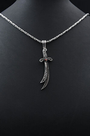 Kırmızı Zirkon Taşlı Hz. Ali Zülfikar Kılıcı 925 Ayar Gümüş Kolye Kral Zincir 2Mm 901854