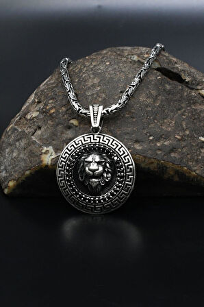 Aslan Figürlü Mikro Taş Süslemeli Grek Desenli 925 Ayar Gümüş Kolye Kral Zincir 2Mm 901855