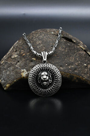 Aslan Figürlü Mikro Taş Süslemeli Grek Desenli 925 Ayar Gümüş Kolye Kral Zincir 2Mm 901855