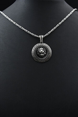 Aslan Figürlü Mikro Taş Süslemeli Grek Desenli 925 Ayar Gümüş Kolye Kral Zincir 2Mm 901855