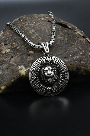 Aslan Figürlü Mikro Taş Süslemeli Grek Desenli 925 Ayar Gümüş Kolye Kral Zincir 2Mm 901855