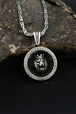 Grek Desenli Kral Taclı Aslan Figürlü 925 Ayar Gümüş Kolye Kral Zincir 2Mm 901862