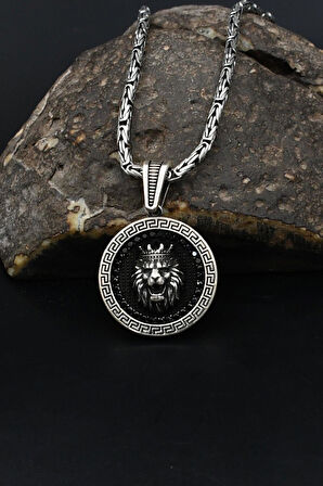 Grek Desenli Kral Taclı Aslan Figürlü 925 Ayar Gümüş Kolye Kral Zincir 2Mm 901862