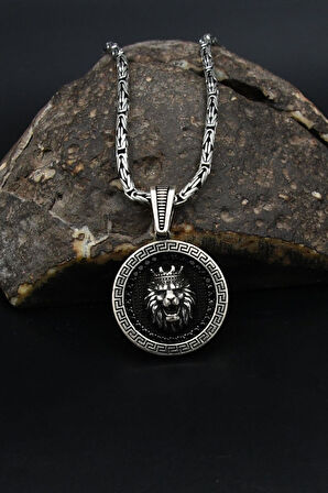 Grek Desenli Kral Taclı Aslan Figürlü 925 Ayar Gümüş Kolye Kral Zincir 2Mm 901862