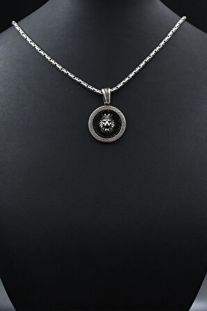 Grek Desenli Kral Taclı Aslan Figürlü 925 Ayar Gümüş Kolye Kral Zincir 2Mm 901862