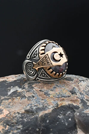 Ay Yıldızlı (AYYILDIZLI) Kırmızı Zirkon Taşlı 925 Ayar Gümüş Erkek Yüzüğü 901876