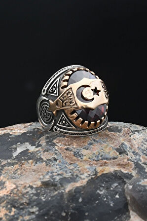 Ay Yıldızlı (AYYILDIZLI) Kırmızı Zirkon Taşlı 925 Ayar Gümüş Erkek Yüzüğü 901876