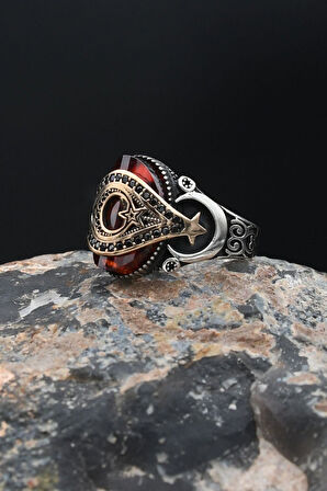 925 Ayar Gümüş Erkek Yüzük Ay Yıldızlı (AYYILDIZLI) Kırmızı Zirkon Taşlı 901877