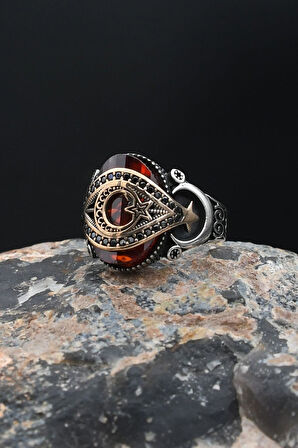 925 Ayar Gümüş Erkek Yüzük Ay Yıldızlı (AYYILDIZLI) Kırmızı Zirkon Taşlı 901877