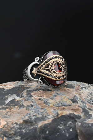 925 Ayar Gümüş Erkek Yüzük Ay Yıldızlı (AYYILDIZLI) Kırmızı Zirkon Taşlı 901877