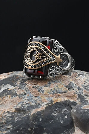 925 Ayar Gümüş Kırmızı Zirkon Taşlı Ay Yıldızlı (AYYILDIZLI) Erkek Yüzük 901881