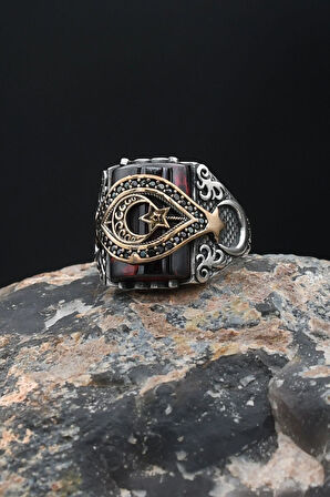 925 Ayar Gümüş Kırmızı Zirkon Taşlı Ay Yıldızlı (AYYILDIZLI) Erkek Yüzük 901881