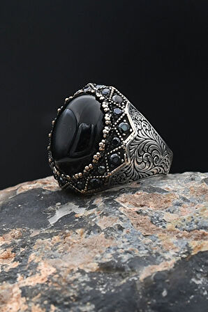 Oniks Taşlı Gümüş Erkek Yüzüğü 925 Ayar Zirkon Taş Süslemeli 901885